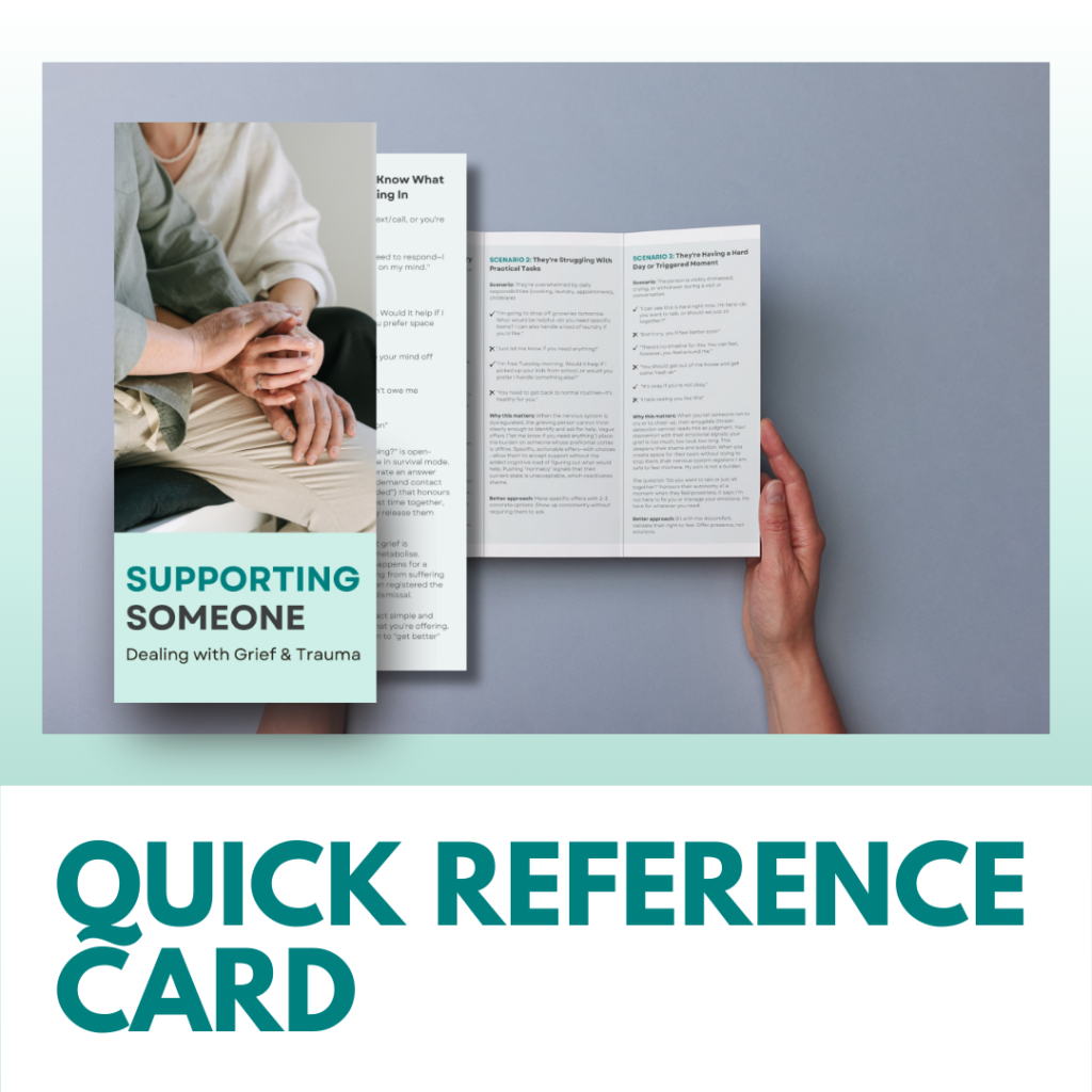Quick reference card supporting someone dealing with grief and trauma